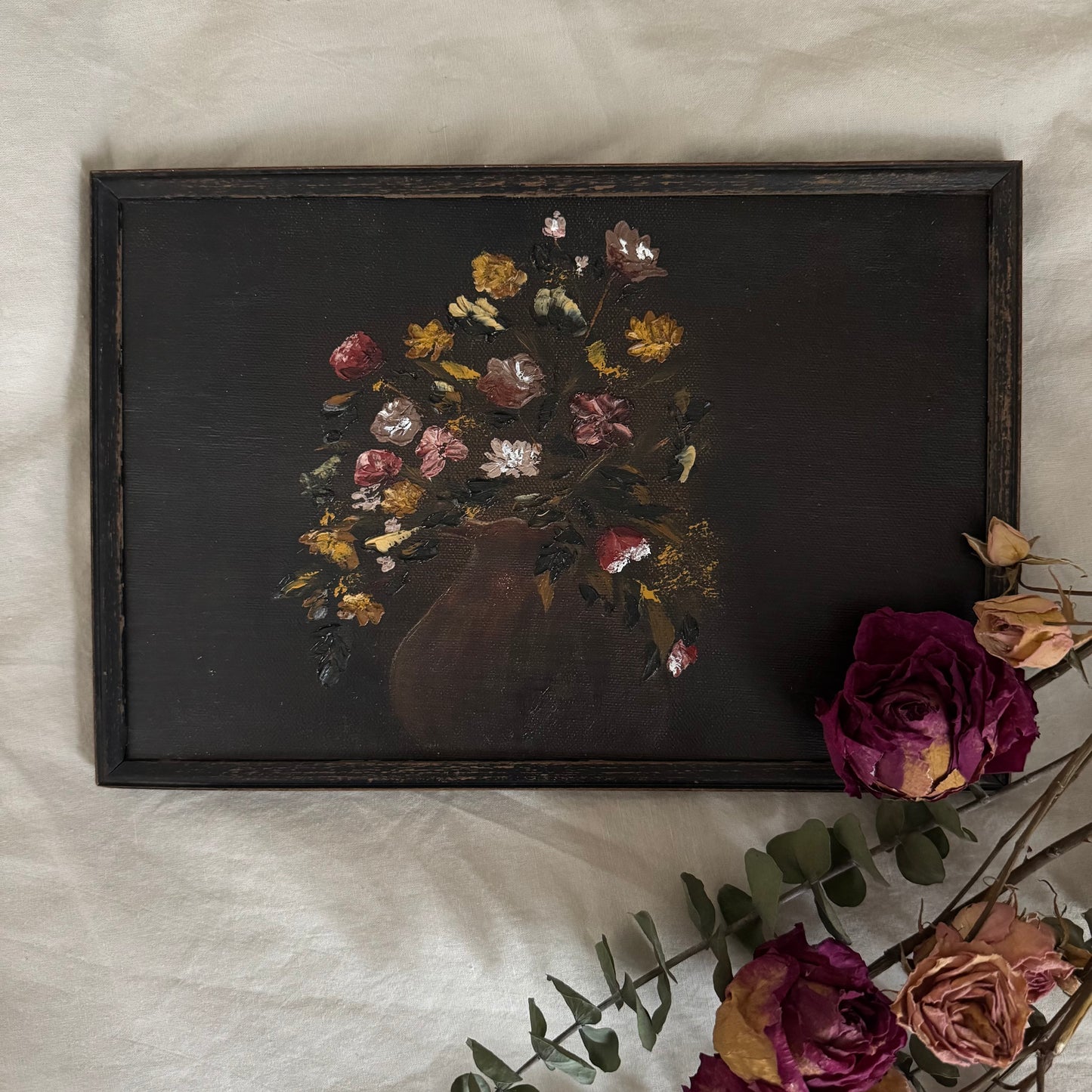 Blooming in the shadows (note that this painting is very dark; in reality, the vase is barely visible)