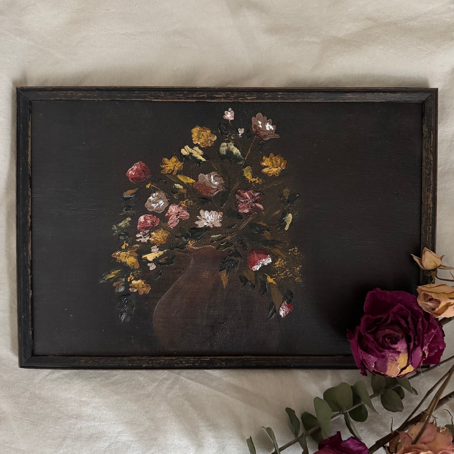 Blooming in the shadows (note that this painting is very dark; in reality, the vase is barely visible)