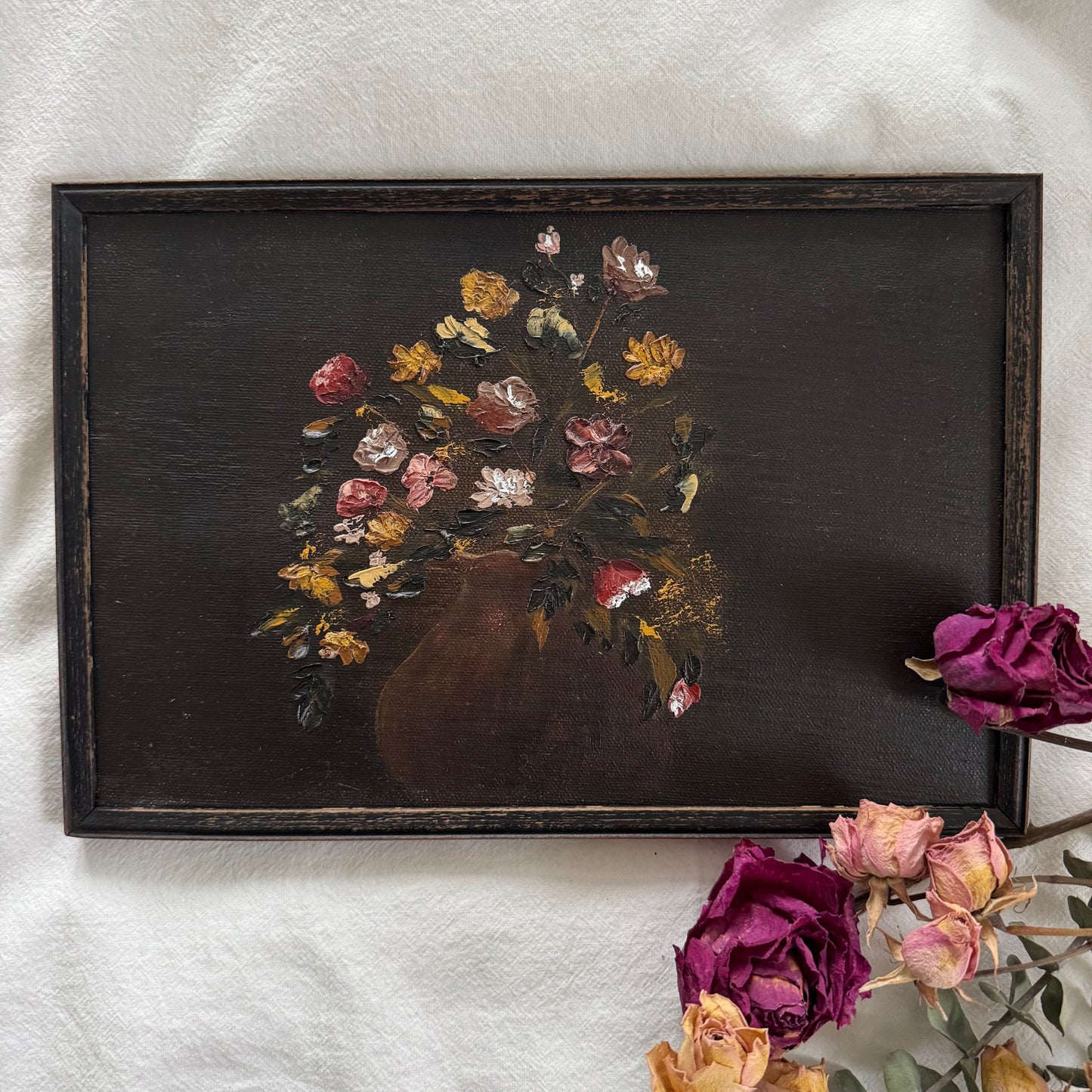 Blooming in the shadows (note that this painting is very dark; in reality, the vase is barely visible)